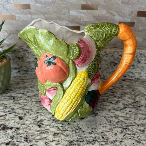 Pitcher, Vintage, Majolica, Ceramic Handpainted Garden Vegetables Decor, Italian - Picture 9 of 10